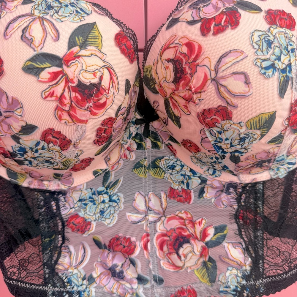 Rose Embroidery Purest Pink Floral Bra Top Corset Push Up 36DD Victoria’s Secret - Picture 3 of 4